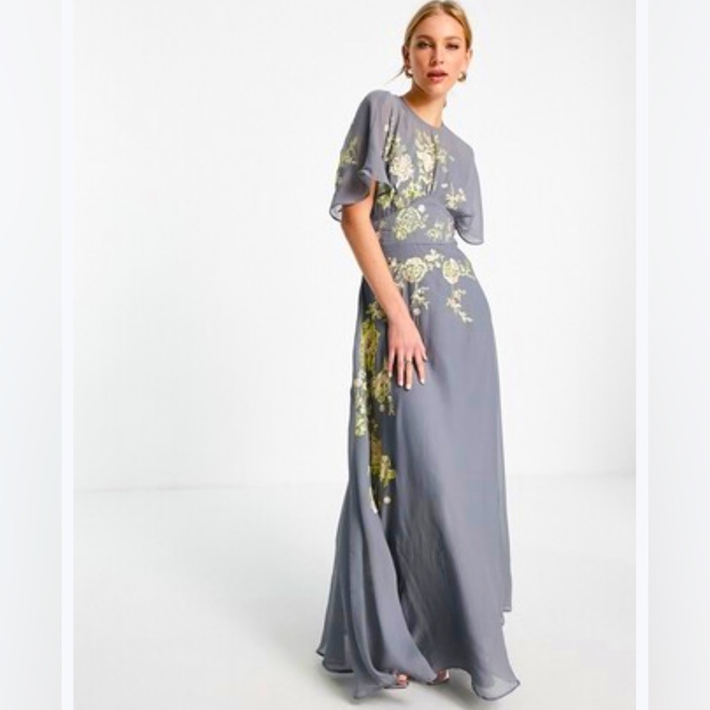 ASOS Maxi dress. NWOT. Love at first scroll grey embroidered dress.